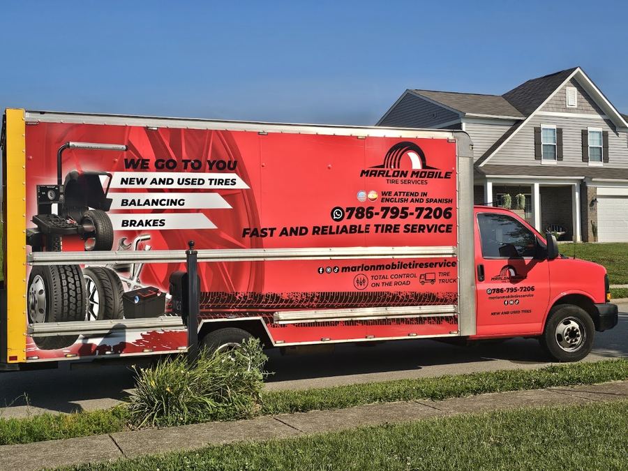 Marlon's red mobile tire service truck